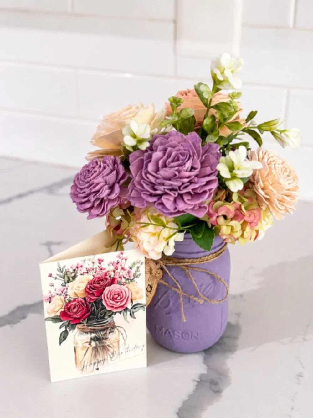 Purple Sola Wood Floral Arrangement in Mason Jar Home Decor Graduation Gift